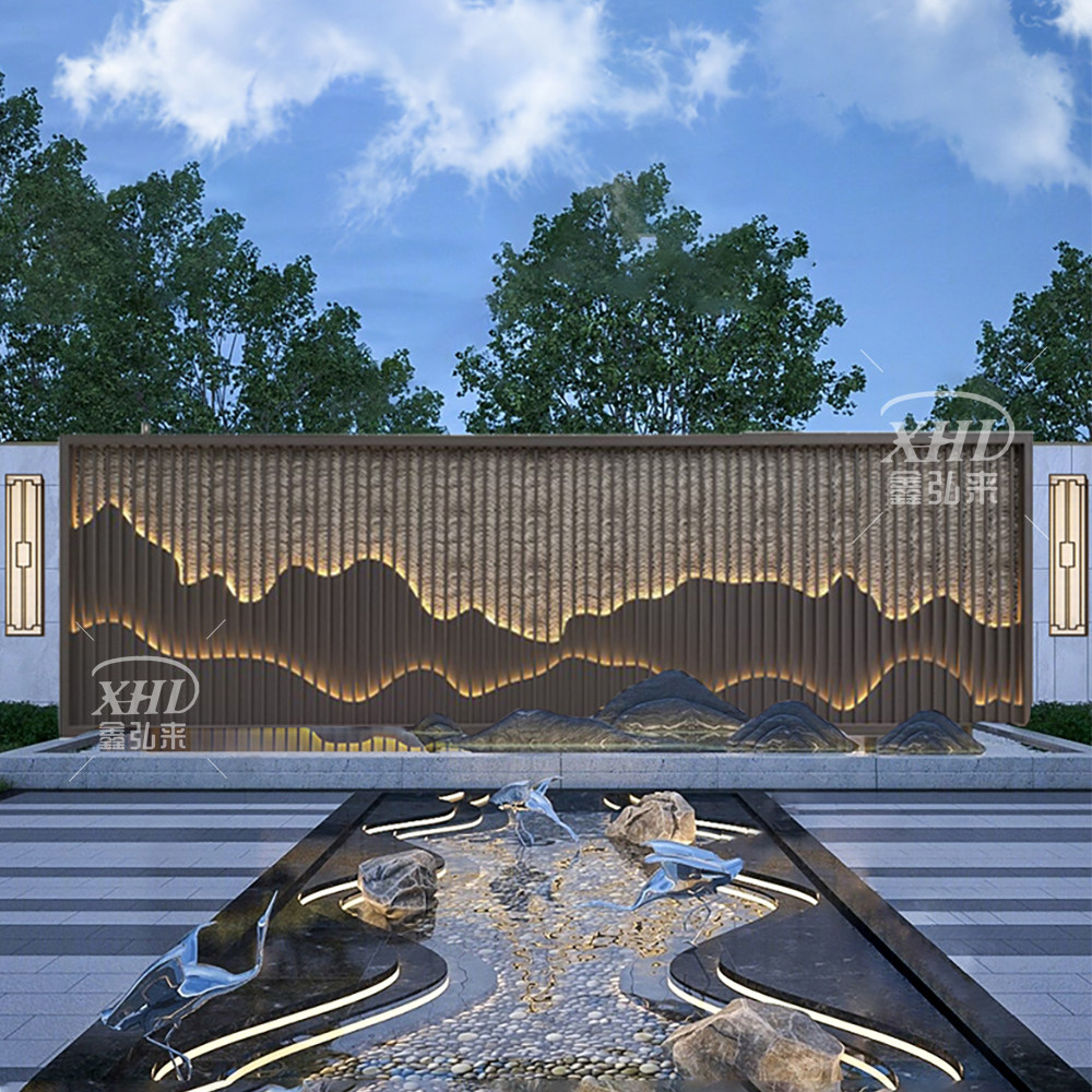 不锈钢假山屏风隔断户外金属格栅山水背景墙庭院景墙新中式影壁墙