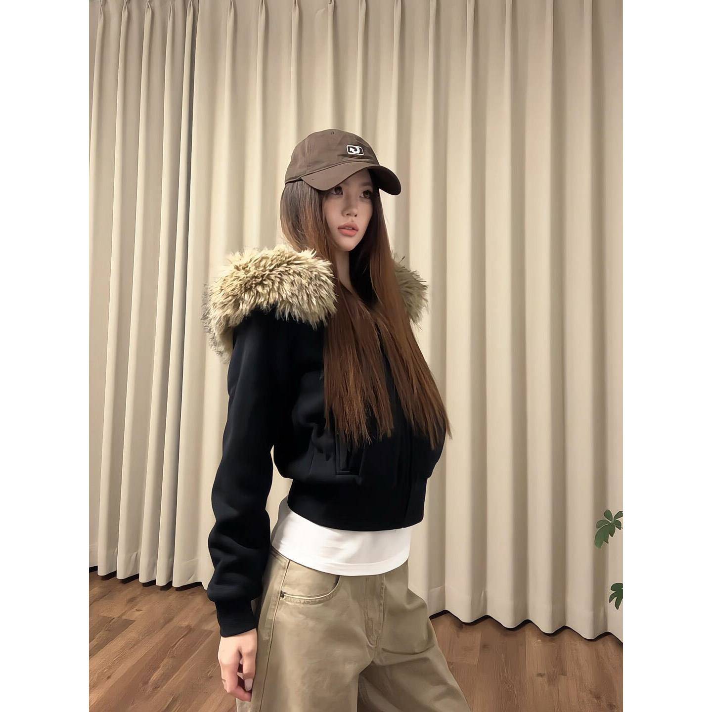 美式毛毛领连帽卫衣外套女款秋季小个子短款修身收腰夹克上衣秋冬