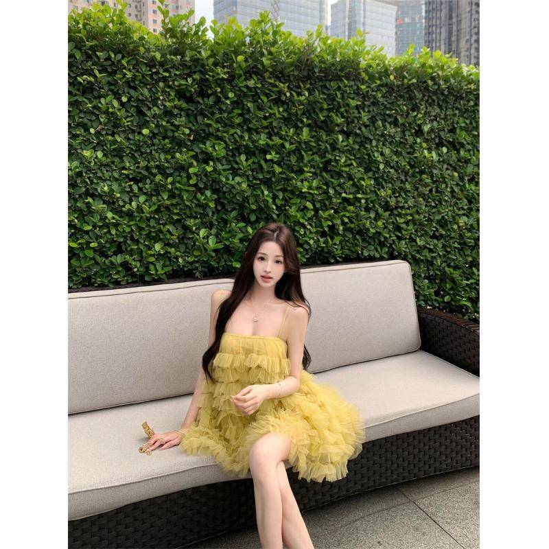 巧克少女度假风网纱吊带连衣裙女夏季新款宽松蓬蓬裙蛋糕裙短裙子