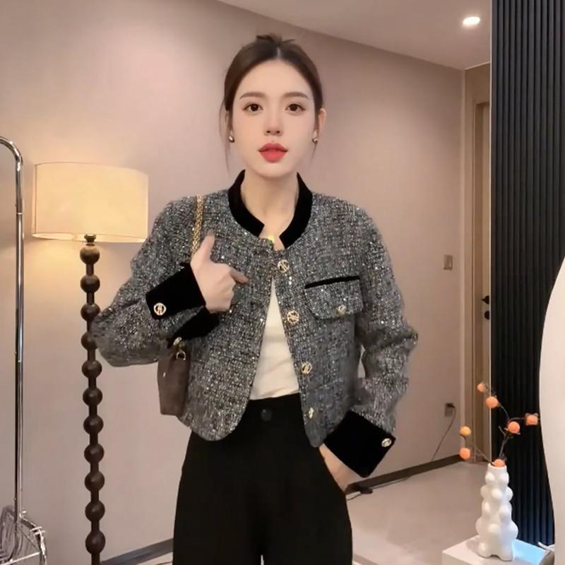 2025春季新款拼接撞色丝绒小香风外套女重工亮片小个子短款上衣潮