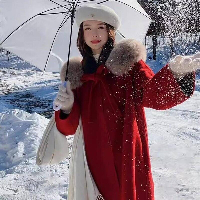 红色小魔女双面羊绒大衣女2025冬装新款狐狸毛大毛领斗篷毛呢外套