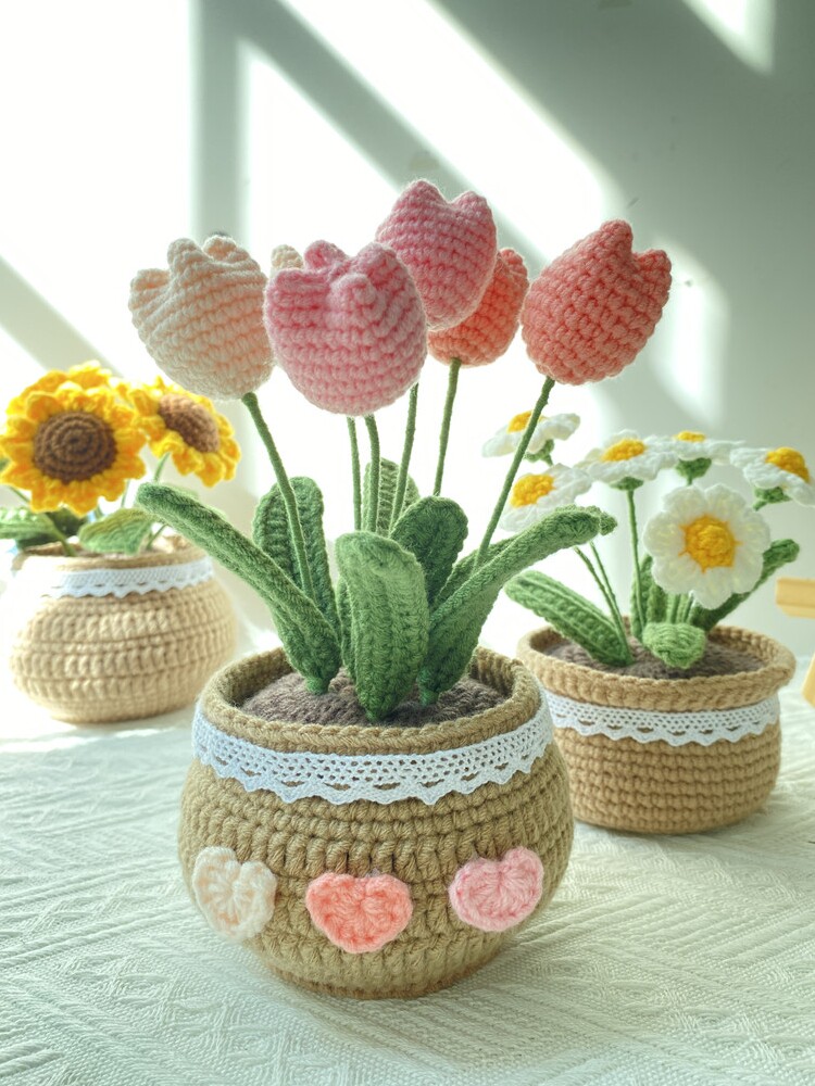 手工钩针编织diy郁金香盆栽花束毛线钩织材料包自制diy七夕礼物