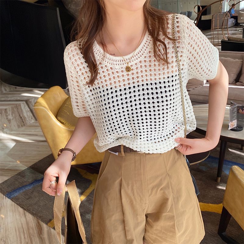 镂空短袖针织衫女装夏季薄款设计感小众别致独特宽松百搭罩衫上衣