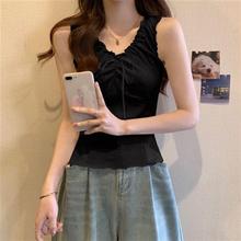 拼接系带蝴蝶结木耳边吊带背心女夏季甜辣妹收腰外穿无袖短款上衣