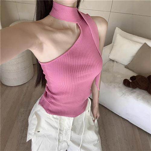 热辣甜心芭比粉挂脖小心机性感吊带背心新款春夏洋气休闲百搭上衣