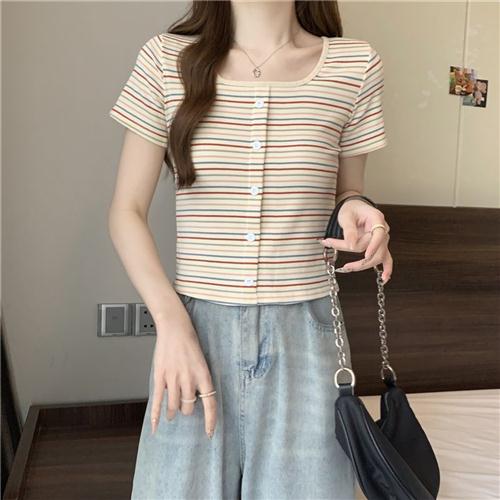 韩系百搭条纹短袖夏季新款设计感小个子方领修身短款打底上衣