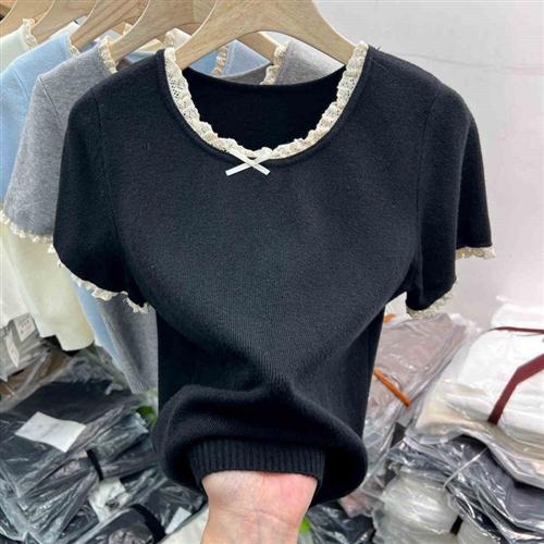 夏季时尚新款蕾丝边蝴蝶结短袖针织衫T恤女简约修身显瘦上衣