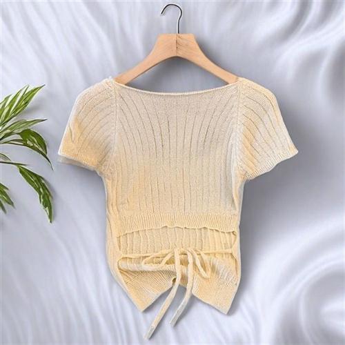 韩系温柔后背绑带短袖辣妹针织夏季新款收腰T恤设计薄款短款上衣