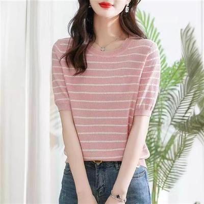 条纹针织短袖T恤女2025夏季韩版圆领宽松休闲打底衫羊毛上衣薄款