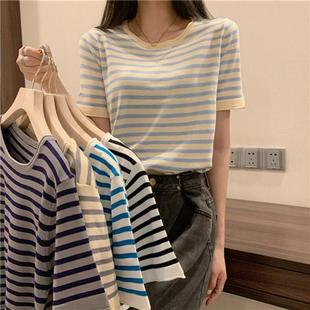 女冰丝薄款 sicily圆领撞色条纹针织小衫 显瘦上衣 新款 2025年夏季