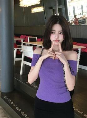 紫色韵味辣妹露肩短袖针织衫2025夏季新款修身显瘦短款一字领上衣