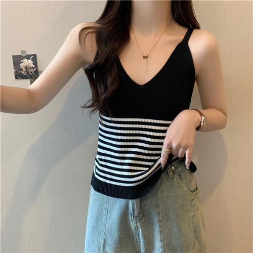 夏季V领内搭外穿打底无袖性感辣妹短款条纹针织小背心女吊带上衣