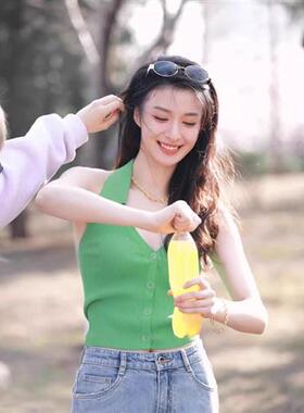 欧美夏季新款V领挂脖式背心性露感背纯色针织上衣无袖冰丝短吊带