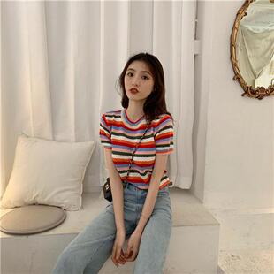 半袖 夏季 打底上衣女 短款 短袖 很仙 彩虹条纹冰丝学生T恤针织小衫
