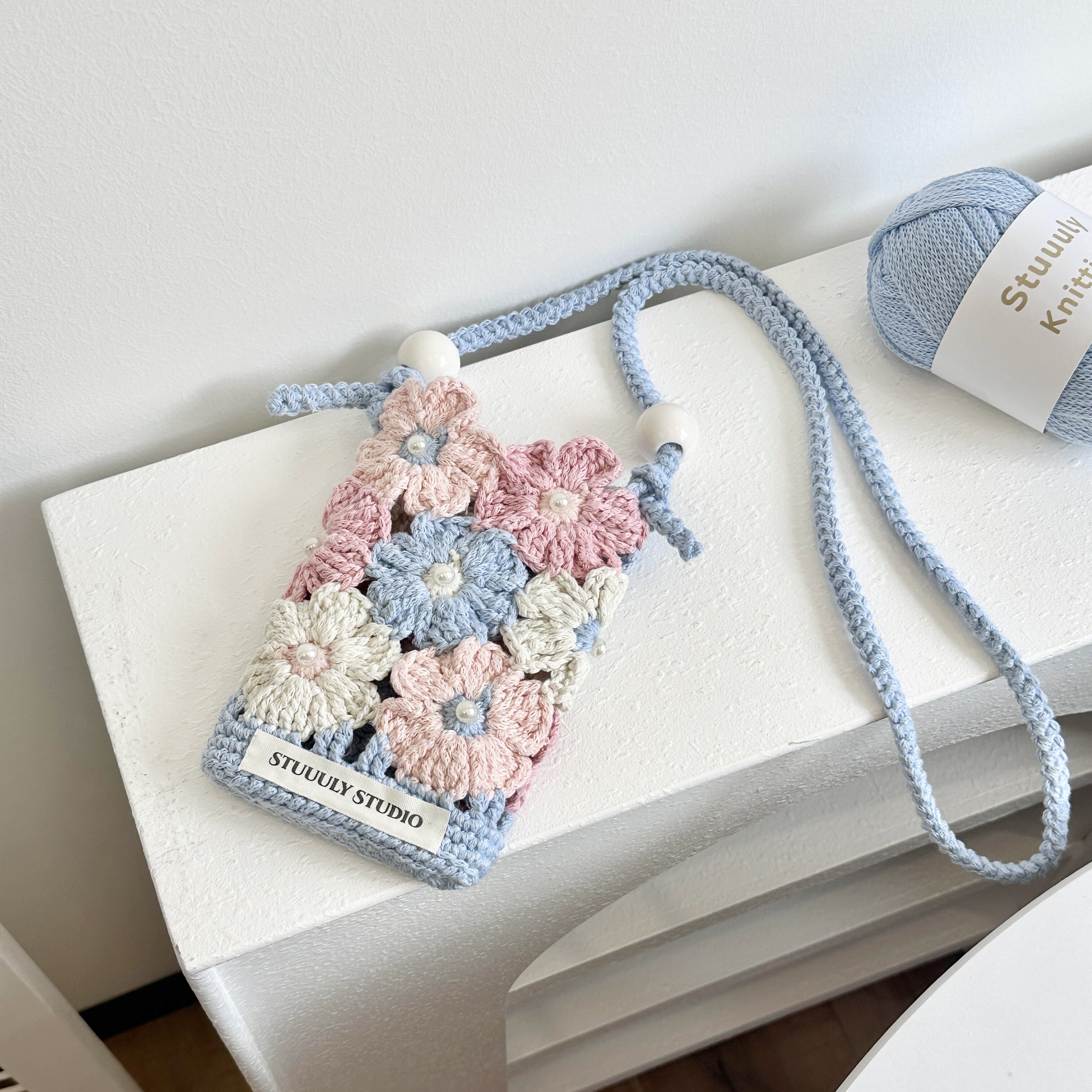 Stuuuly手工 春日小花包繁花手机包珍珠空心棉编织diy材料包斜挎
