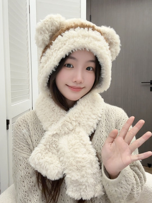 Stuuuly手工 小熊帽子围巾一体手混线皮草冬日保暖编织diy材料包