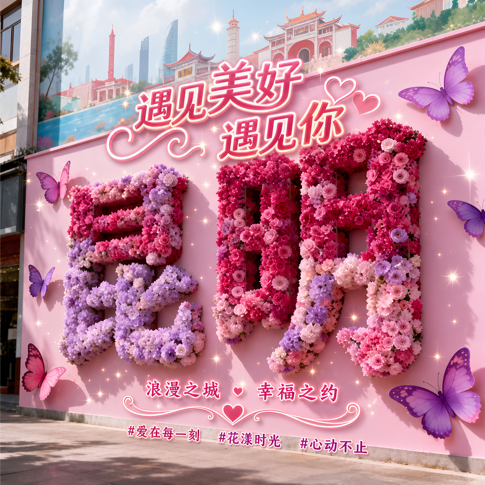 定制城市地标打卡背景墙网红仿真花艺字设计假花装饰景区氛围布置
