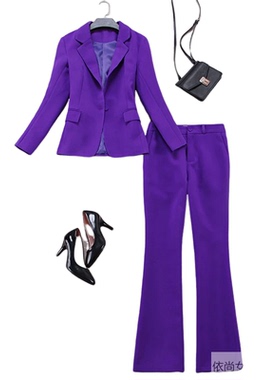 紫色西装套装女春秋时尚职业装气质名媛修身正装西服喇叭裤两件套