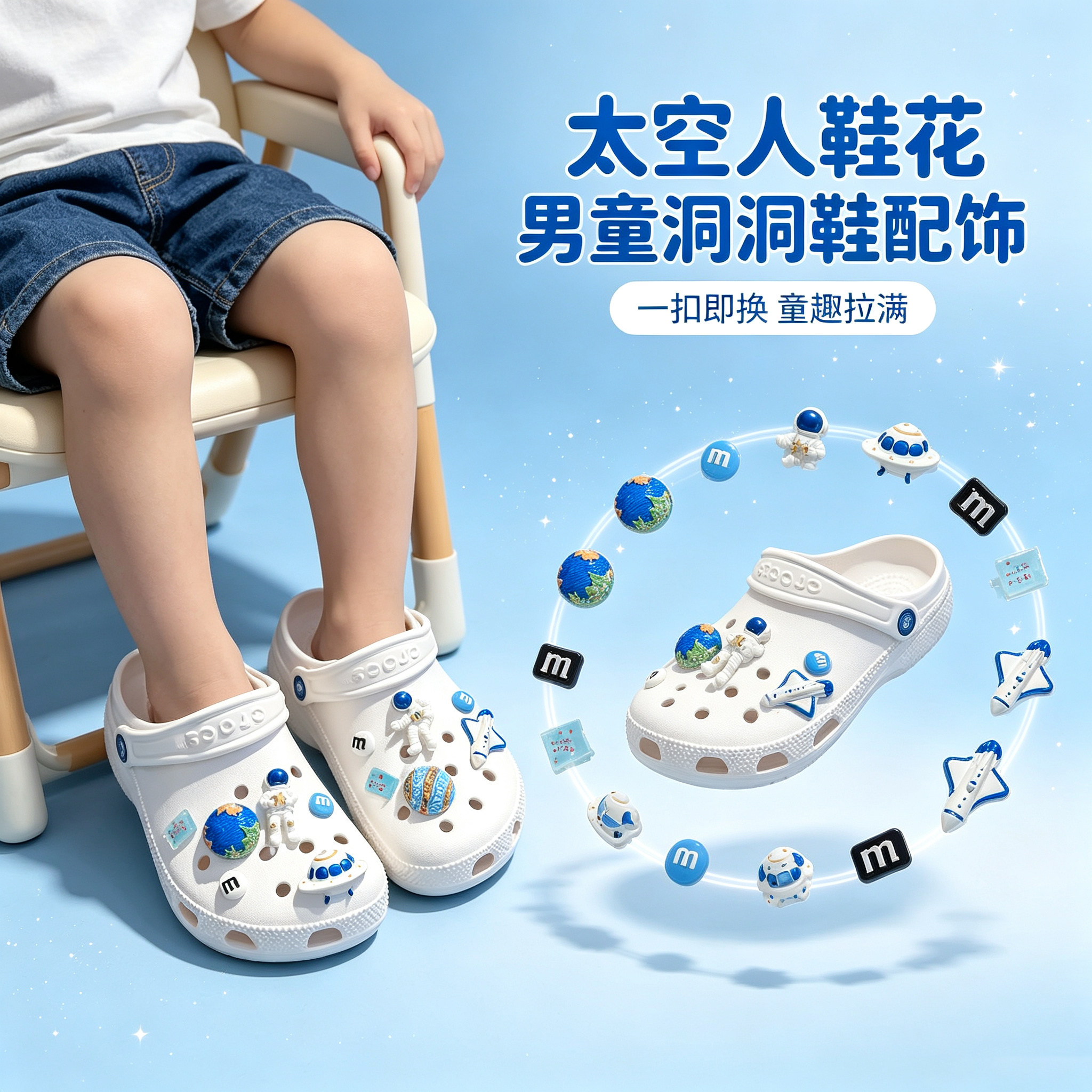 适配卡骆驰crocs洞洞鞋配饰男童可拆卸鞋扣装饰品简约宇航员鞋花M图片
