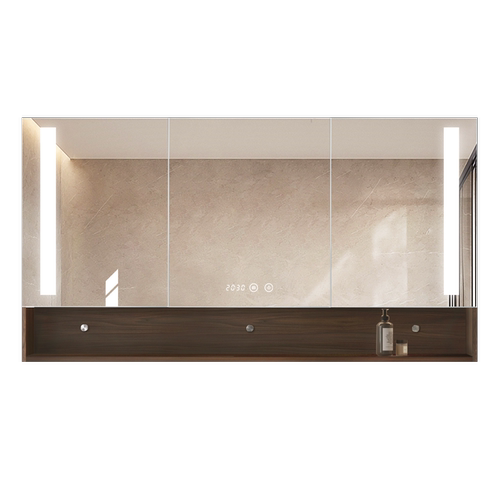 BOLEN 实木中式智能浴室镜柜带灯洗手间卫生间镜子收纳储物一体柜