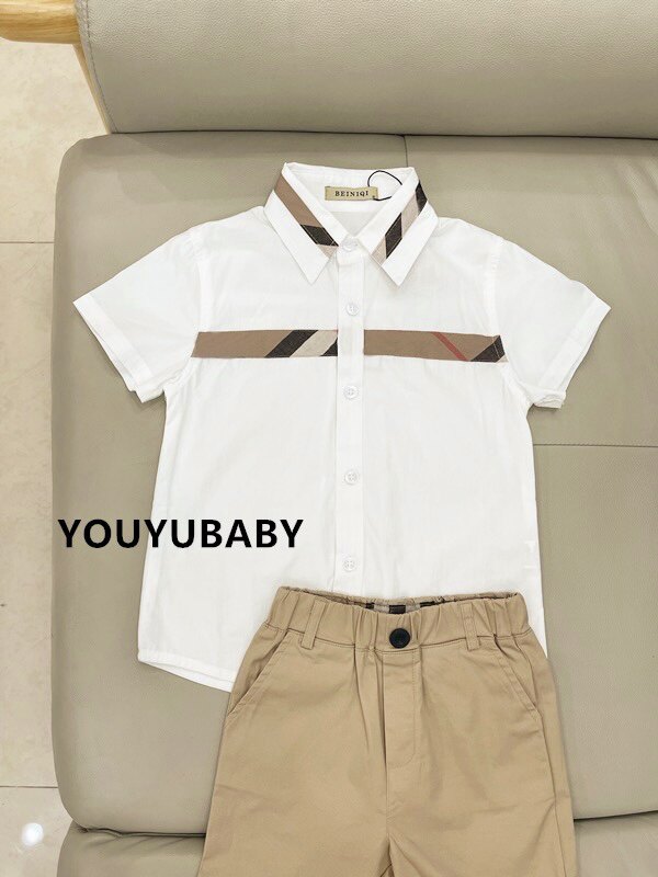 贝妮祺儿童男孩欧美英伦学院风格子白色短袖衬衫纯棉夏季新款