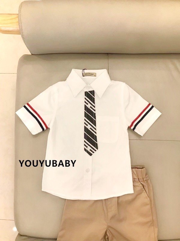 贝妮祺儿童男孩欧美英伦风格领带装饰白色短袖纯棉衬衫夏季新款