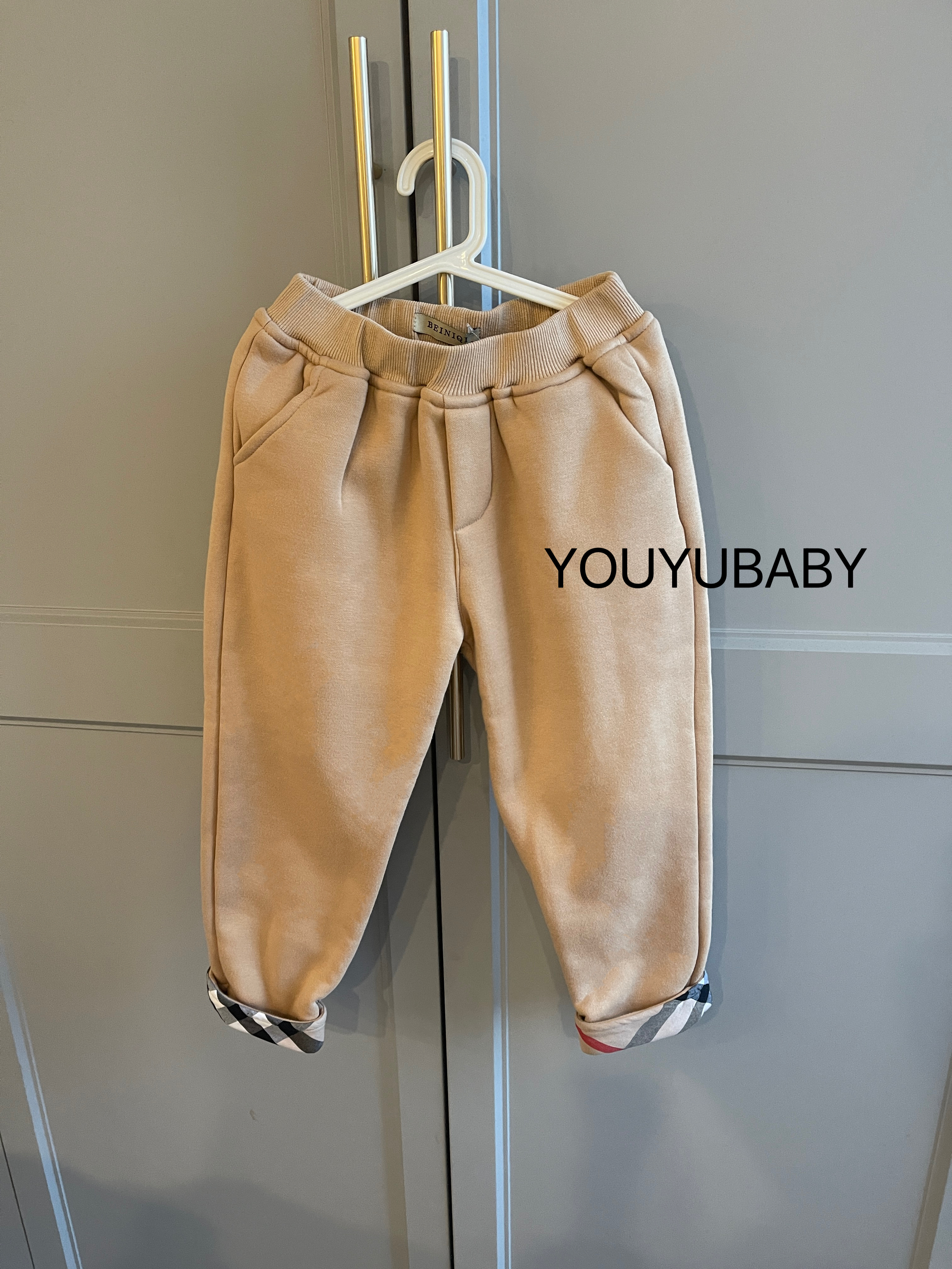 贝妮祺儿童男孩宝欧美英伦风格子加绒休闲长裤松紧带秋冬新款