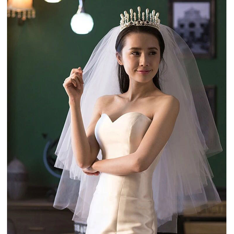 新娘头纱夸张蓬蓬双层白色简约韩式结婚婚礼奢华头纱发梳中长款