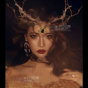 金色森系精灵树枝翅膀羽毛皇冠头饰摄影古风夜店表演龙角夸张造型