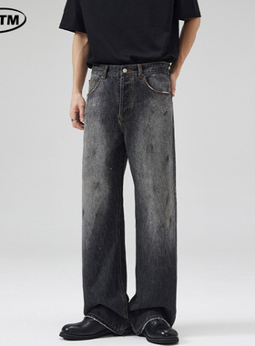 LKTM男装#AC风格2021M版型黑色泼墨设计微喇牛仔裤男女同款休闲裤