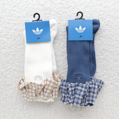 Adidas女袜中高筒格子花边三叶草