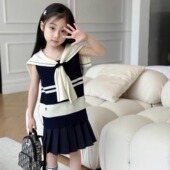 25年海军风羊毛混纺背心毛衣女童宝宝中小儿童白色条纹百褶裙半裙