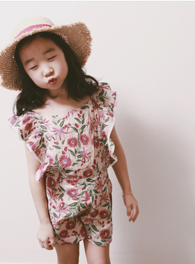 24年春夏LM刺绣金线背心连体衣女童全棉透气碎花花边花苞袖