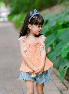 24年春夏 LM刺绣背心女童 夏款 全棉透气碎花蓝色花边花苞袖上衣