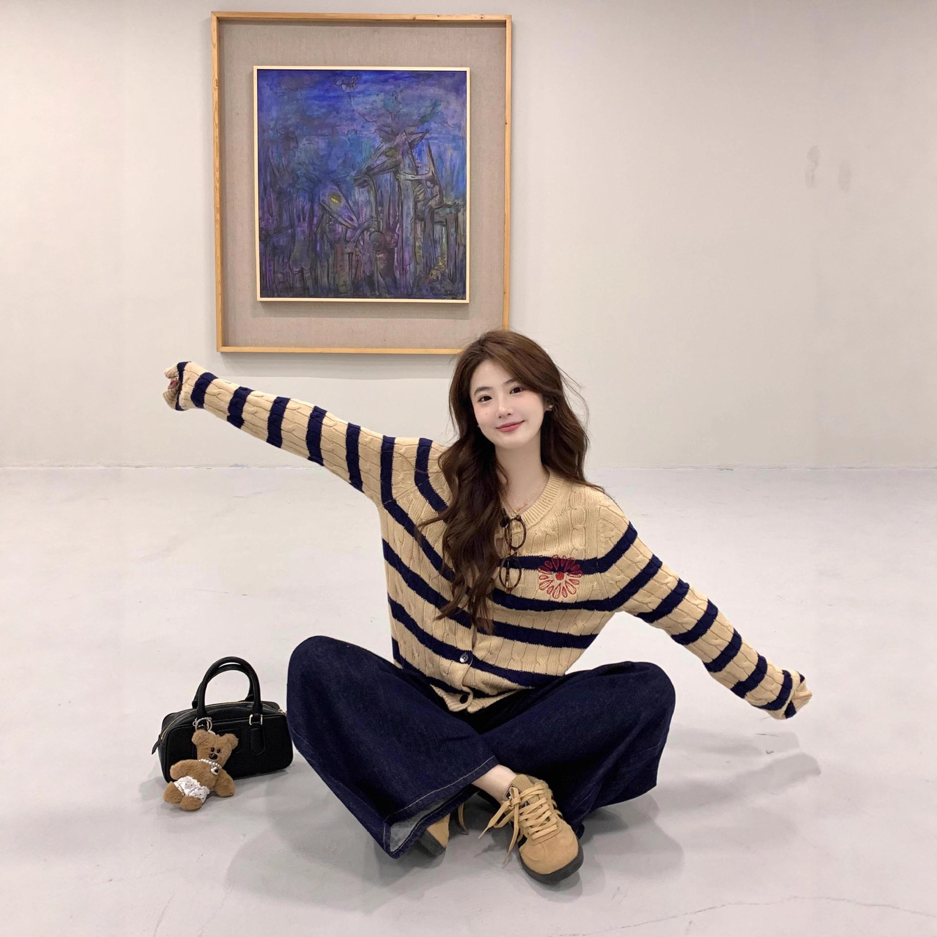 卡其色条纹毛衣开衫外套女2025新款秋季小个子韩系早秋针织衫上衣