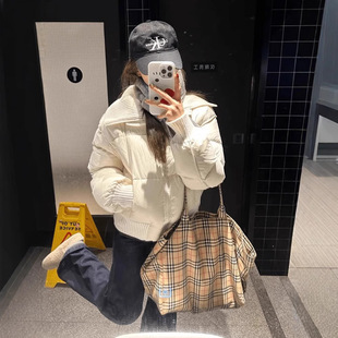 白色翻领针织拼接短款棉服外套女秋冬小个子超好看保暖面包服上衣