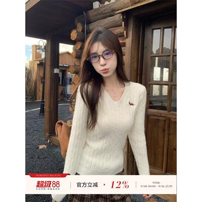 morningbl刺绣v领麻花针