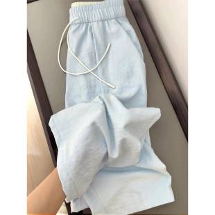 胖妹妹mm高腰宽松显瘦垂感阔腿冰丝山本 女夏薄款 蓝色奶芙休闲 裤