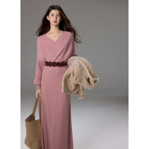 贰羊设计【陌上花开】气质优雅收腰V领毛织连衣裙女修身针织长裙