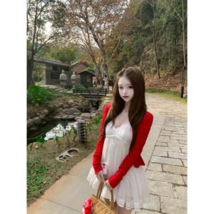 帆帆困了zZ「纯白恋结」清纯古早日系红开衫v领吊带连衣裙两件套