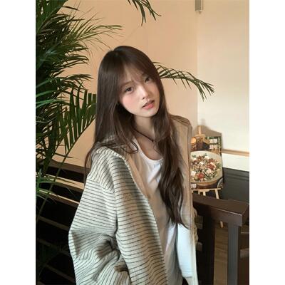 韩系条纹开衫连帽卫衣女