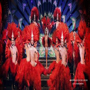 大气开场桑巴演出服红色羽毛亮片水钻巴西红磨坊桑巴巡游派对服装