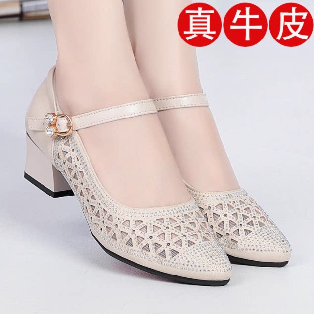 全牛皮真皮网纱凉鞋女中跟夏季新休闲凉鞋