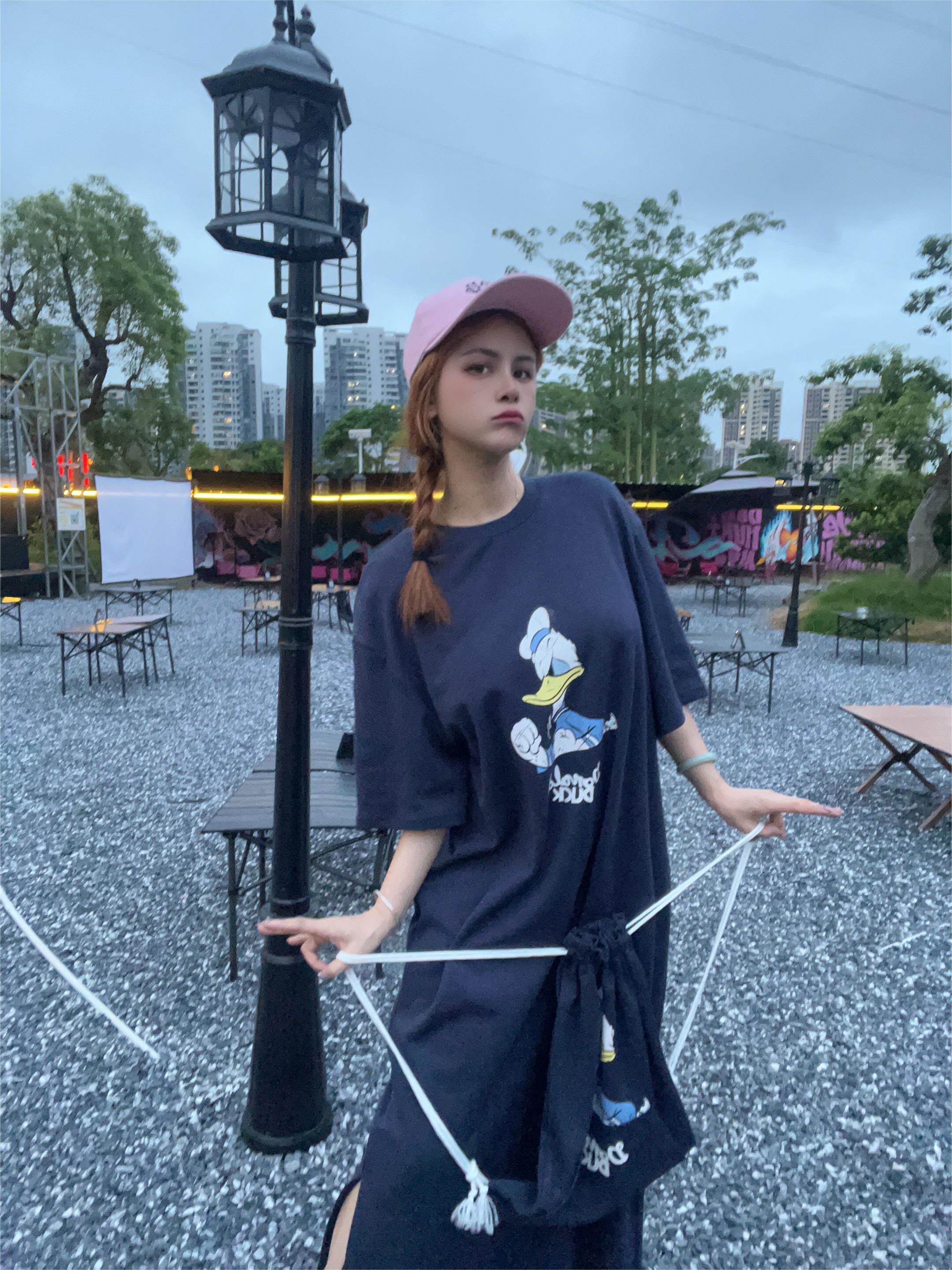 卡通配包包短袖长T裙宽松体恤裙过滕显瘦长裙子气质白色时尚夏季