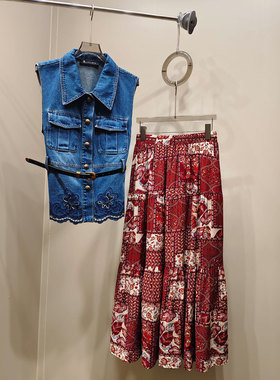 0MB.欧洲站新品HELMCH高街翻领无袖马甲外套印花大摆百搭半裙套装