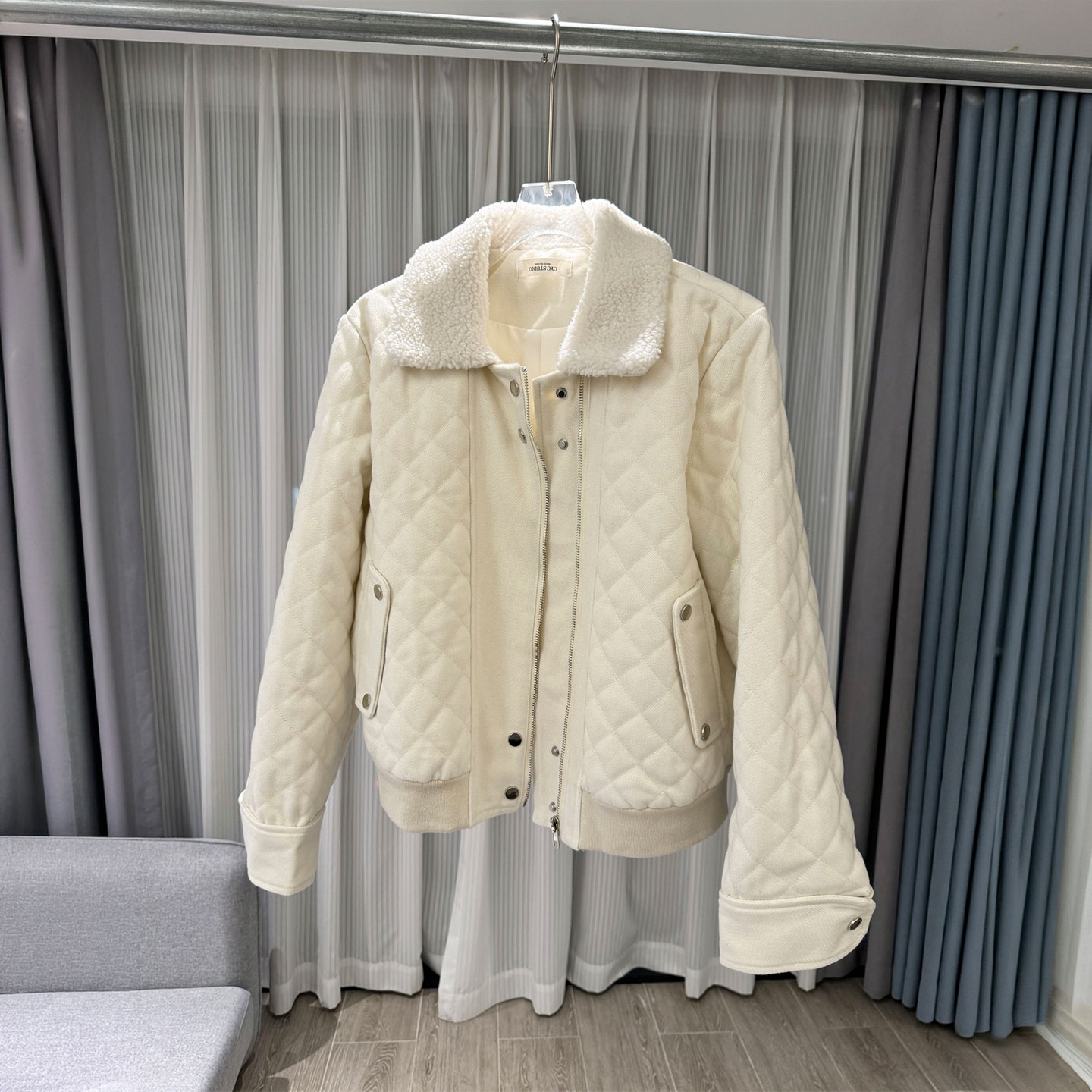 0MB.欧洲站新品南油高端小香风气质保暖夹克上衣菱格纹翻毛领外套