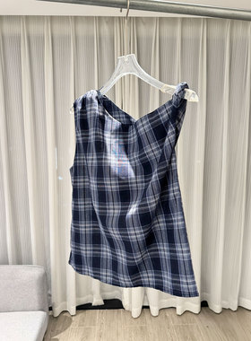 0MB.欧洲站新品复古格子设计感收腰不规则背心百搭斜肩无袖上衣女