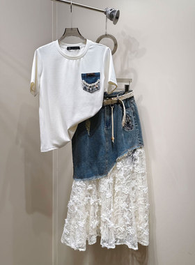 0MB.欧洲站新品HELMCH深圳南油圆领正肩T恤高腰百搭半身裙套装女