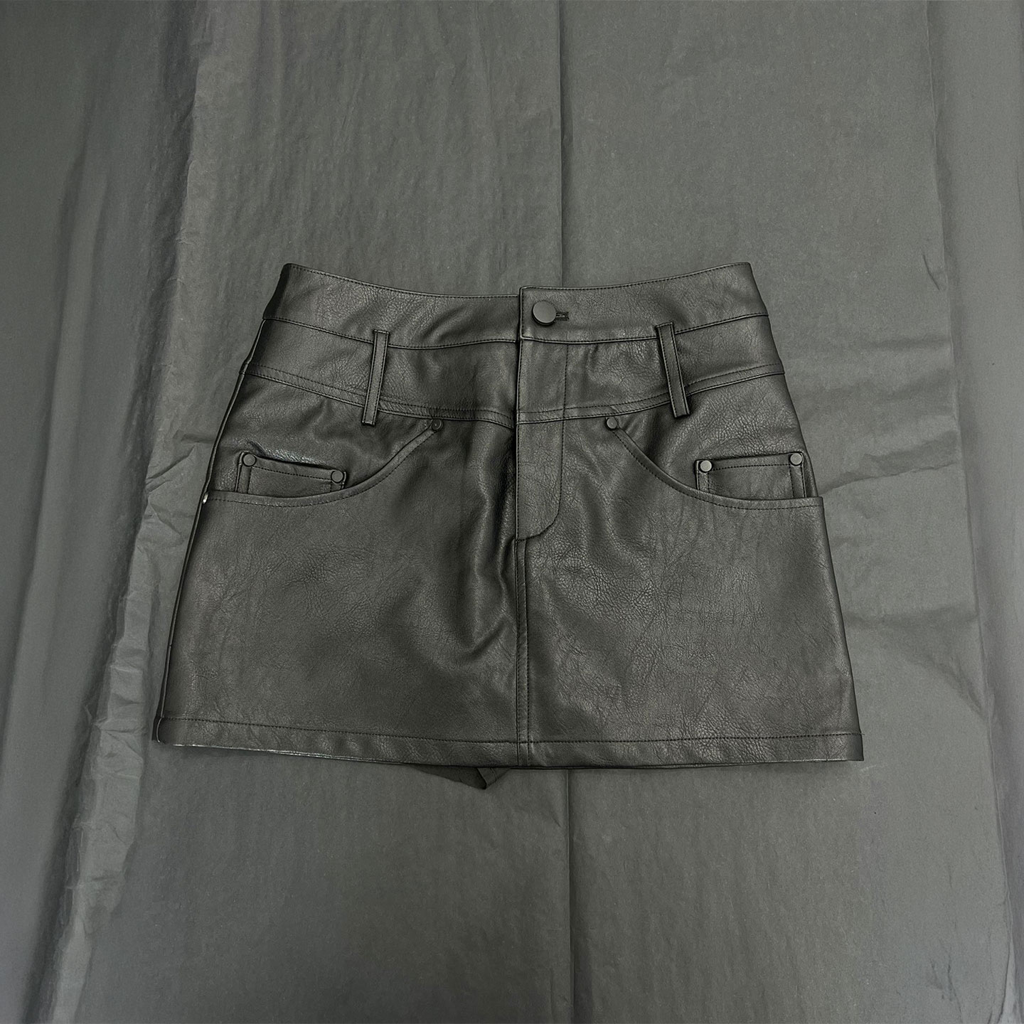 0MB.欧洲站新品南油高端美式复古辣妹百搭短裙暗黑扣低腰皮裤裙潮