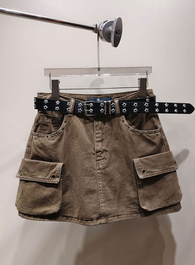 0MB.欧洲站新品HELMCH复古辣妹立体口袋包臀A字裙工装牛仔半身裙